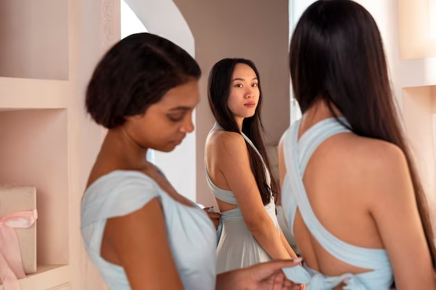 Bridesmaids fitting dresses