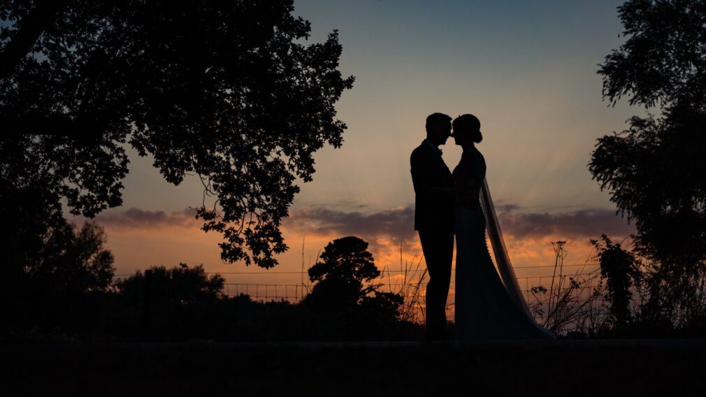 silhouettes of the bride and groom against the background of the forest edge and sunset