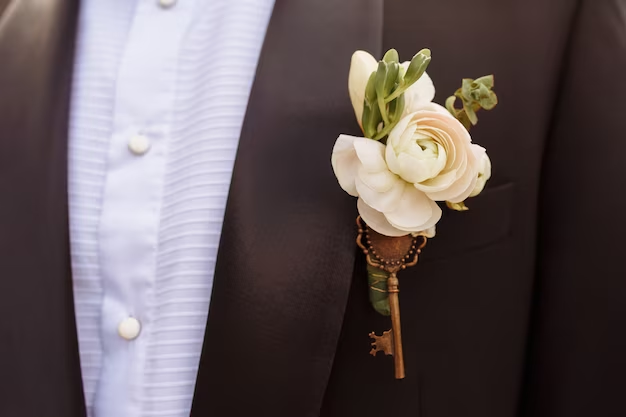 A floral boutonniere is clipped to the groom's side